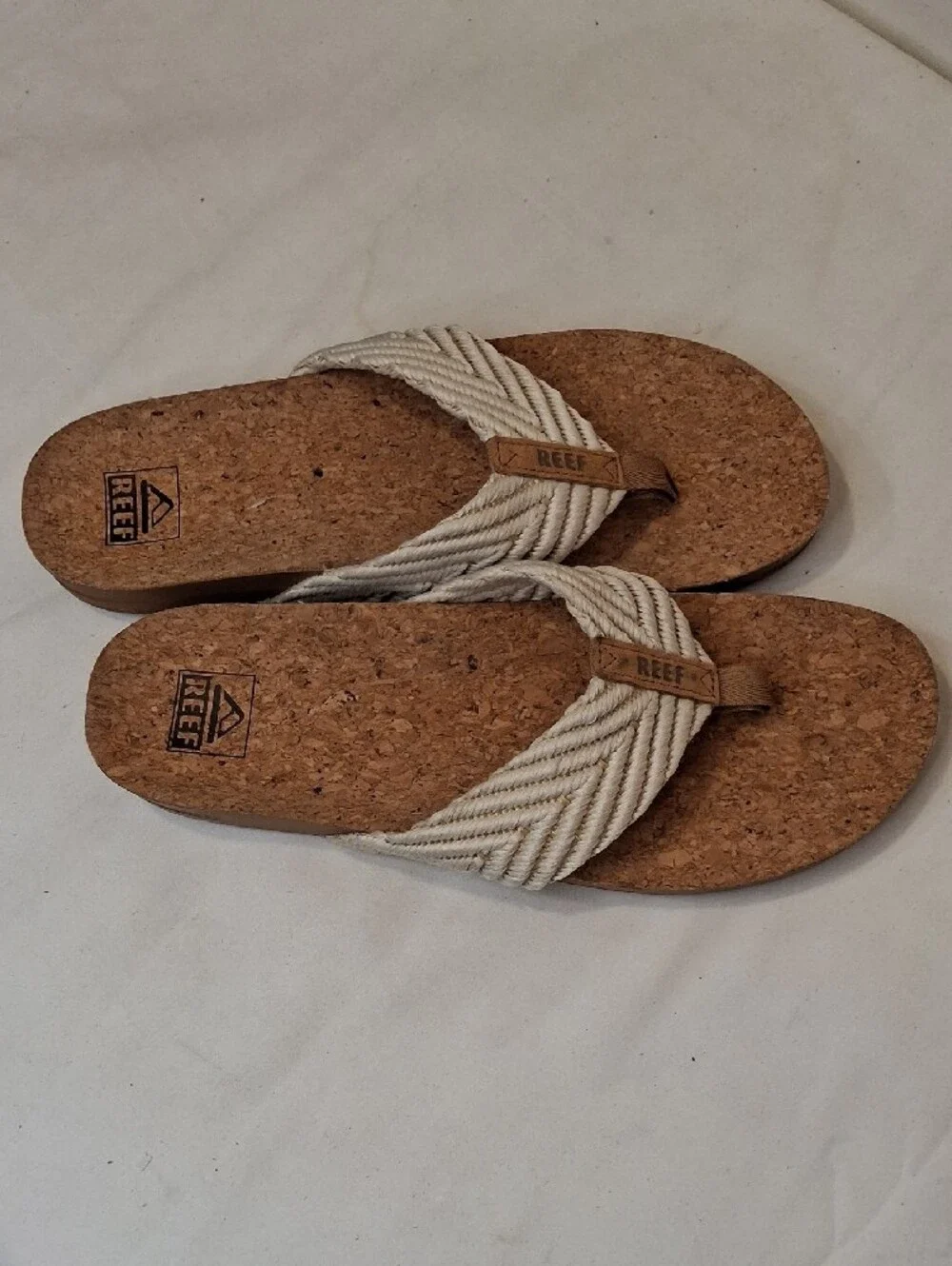 Reef Women's Cream Braided Woven Strap Cork Footbed Thong Sandals